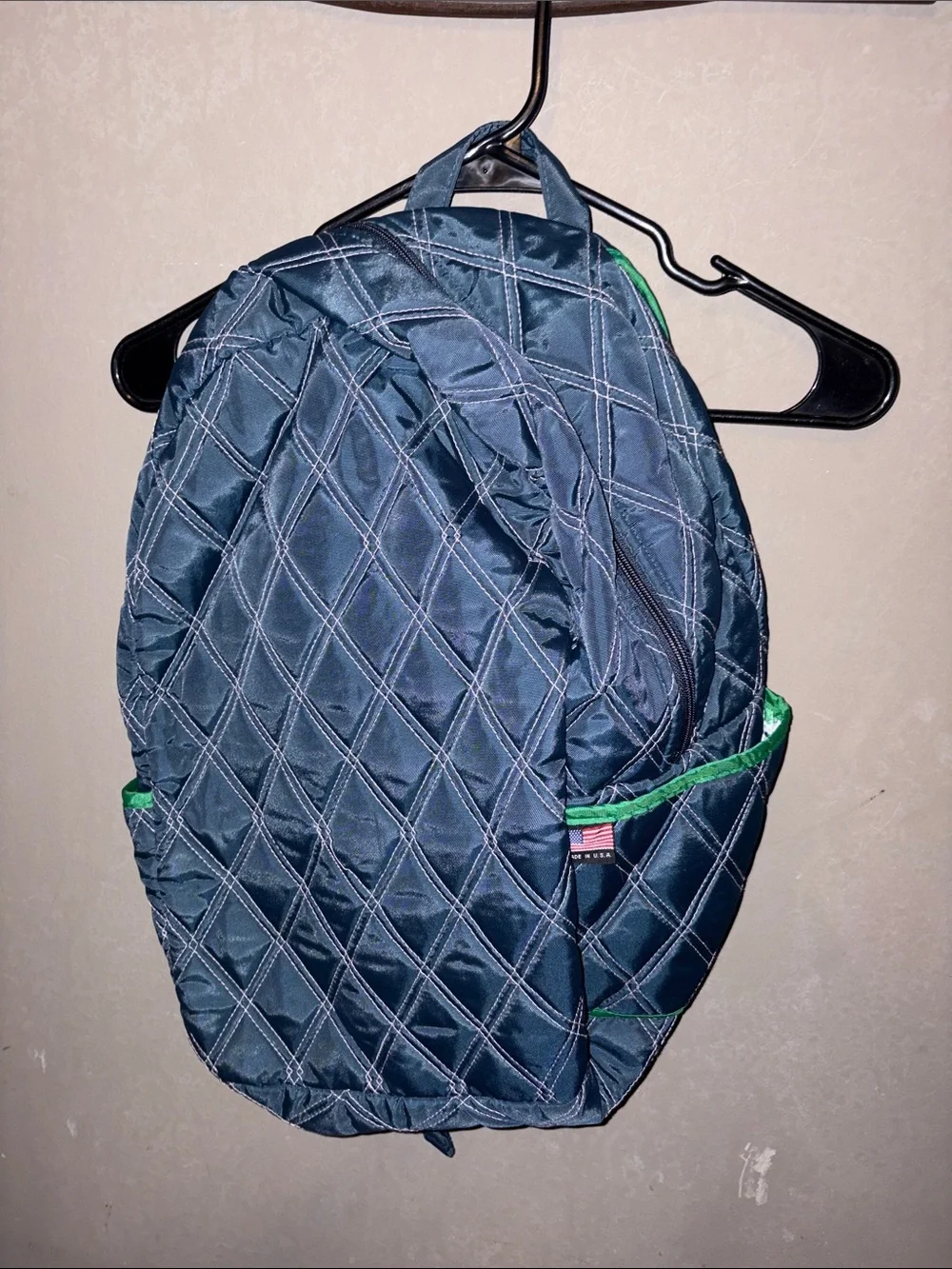 Quilted Navy Backpack with Green Trim - Unbranded